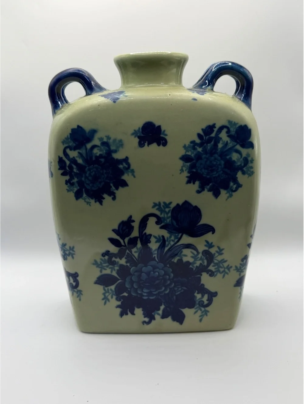 Vintage Ceramic Vase with Blue Floral Design and Dual Handles